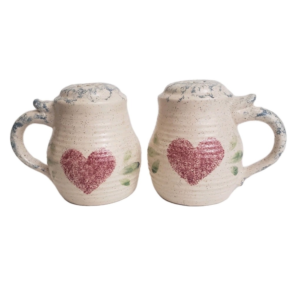 East Texas Pottery Marshall Blue Sponge Ware & Pink Hearts Salt & Pepper Country